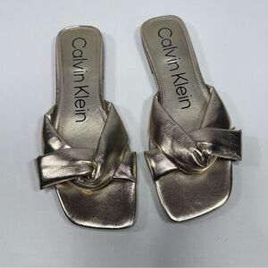 Metallic Gold Calvin Klein KCMARITA Faux Leather Slide Sandals Size 10M